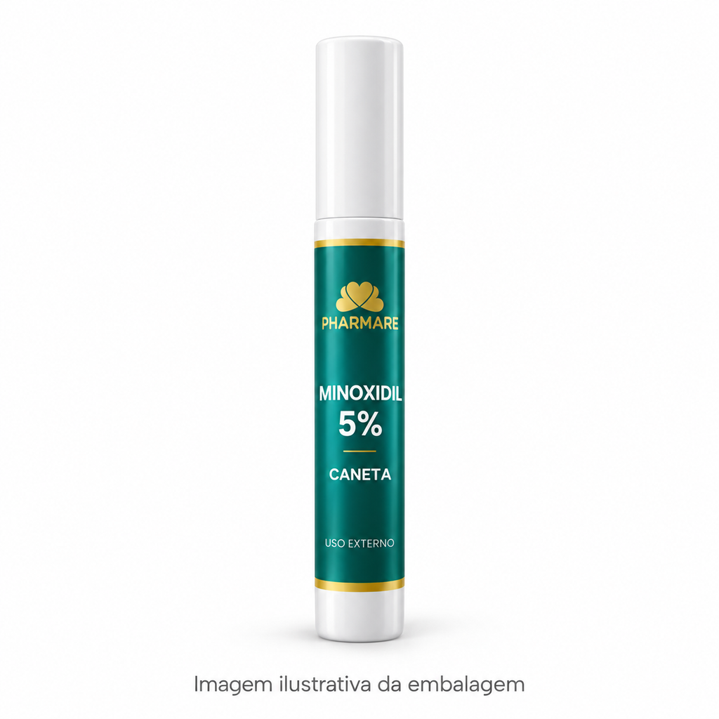 Imagem ilustrativa da embalagem da Caneta de Minoxidil 5% Pharmare, branca com rótulo verde e dourado.