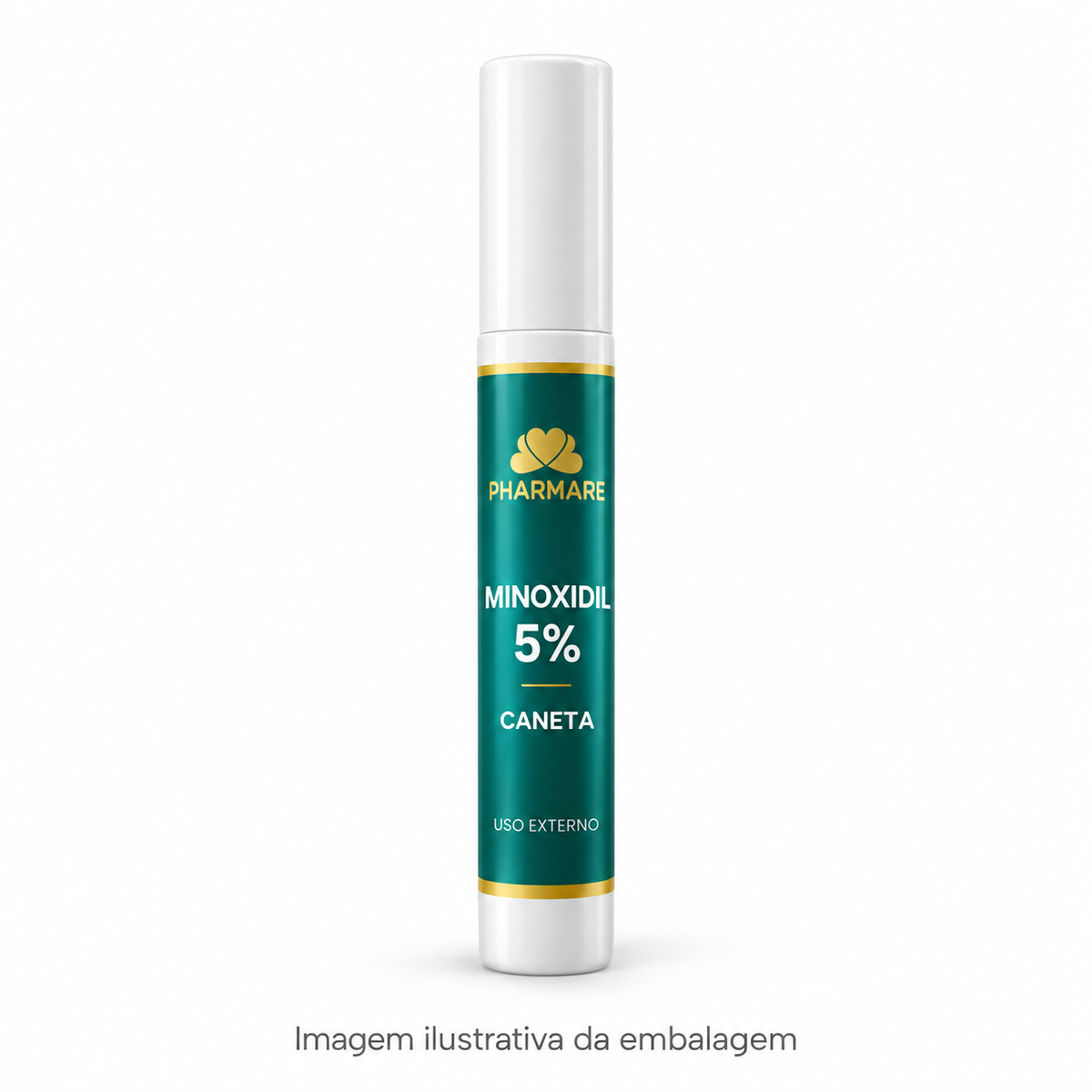 Imagem ilustrativa da embalagem da Caneta de Minoxidil 5% Pharmare, branca com rótulo verde e dourado.