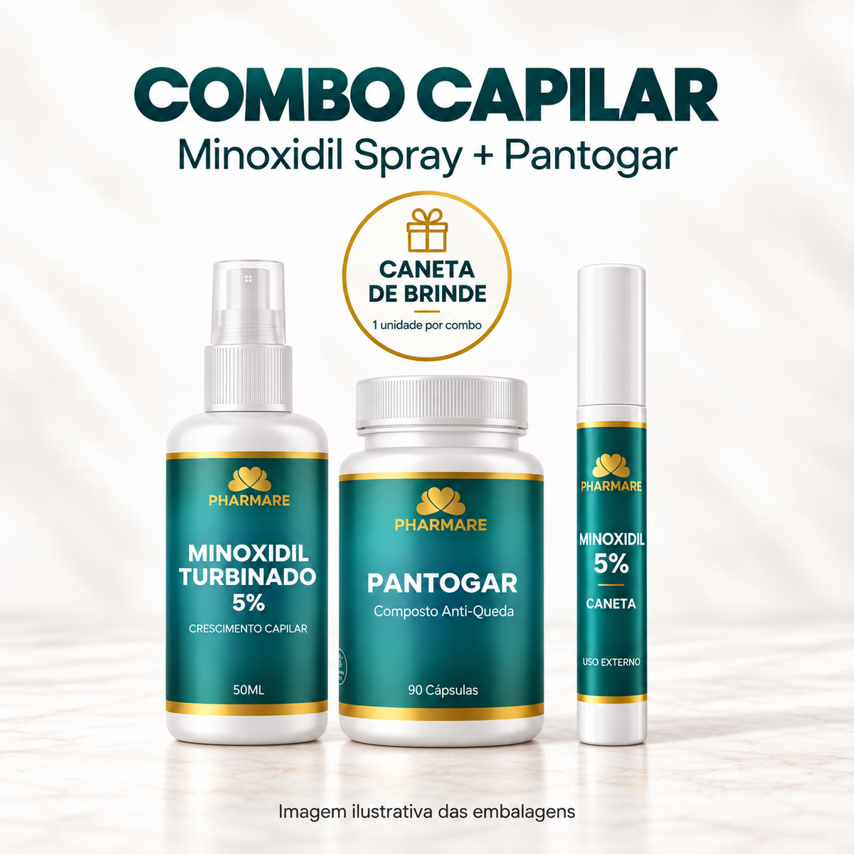 Combo Capilar Pharmare com Minoxidil Spray, Pantogar e Caneta de Brinde. Selo de brinde centralizado e totalmente visível.