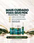 Benefícios do Combo Capilar Pharmare: auxílio no crescimento capilar, apoio ao fortalecimento dos fios, vitaminas B1 e B5, cistina e queratina. Caneta de brinde. Resultados variam.