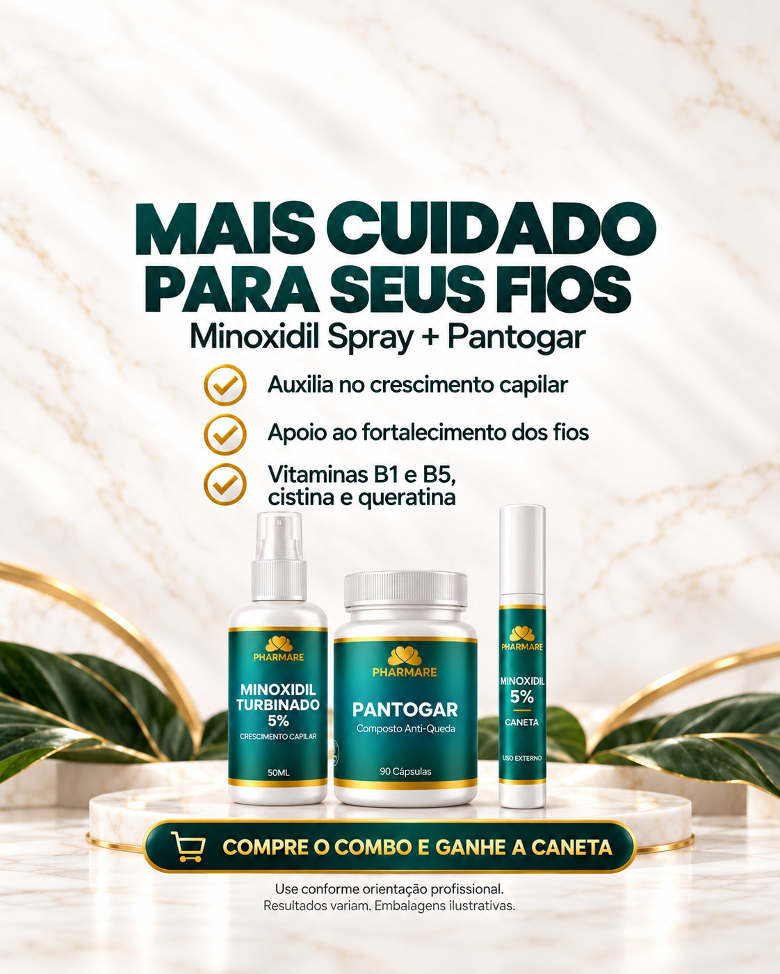 Benefícios do Combo Capilar Pharmare: auxílio no crescimento capilar, apoio ao fortalecimento dos fios, vitaminas B1 e B5, cistina e queratina. Caneta de brinde. Resultados variam.