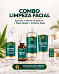 Combo Limpeza Facial Pharmare com espuma em frasco com aplicador de silicone, sérum vitamina C, água micelar, protetor solar e gloss incolor de brinde. Embalagens ilustrativas.