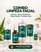 Combo Limpeza Facial Pharmare com espuma em frasco com aplicador de silicone, sérum vitamina C, água micelar, protetor solar e gloss incolor de brinde. Embalagens ilustrativas.