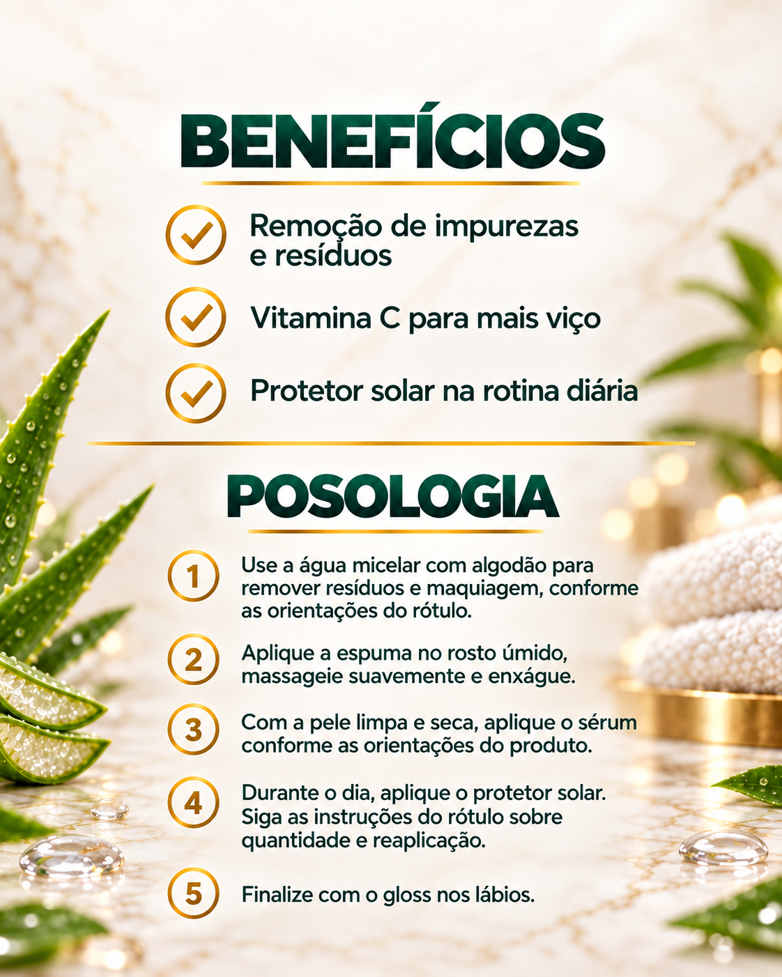 Benefícios e posologia do Combo Limpeza Facial Pharmare: remoção de impurezas e resíduos, vitamina C para mais viço e protetor solar na rotina diária; cinco etapas de uso conforme os rótulos.