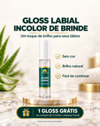 Gloss labial incolor de brinde na compra do Combo Limpeza Facial Pharmare. Embalagem ilustrativa.