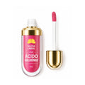Foto original fornecida: gloss labial rosa com ácido hialurônico, 6 ml, rótulo transparente com informações brancas e aplicador dourado.