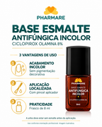 Base esmalte antifúngica incolor: acabamento incolor, aplicação localizada com pincel e praticidade do frasco de 8 ml. Aplicar em unha sem esmalte, conforme orientação profissional.