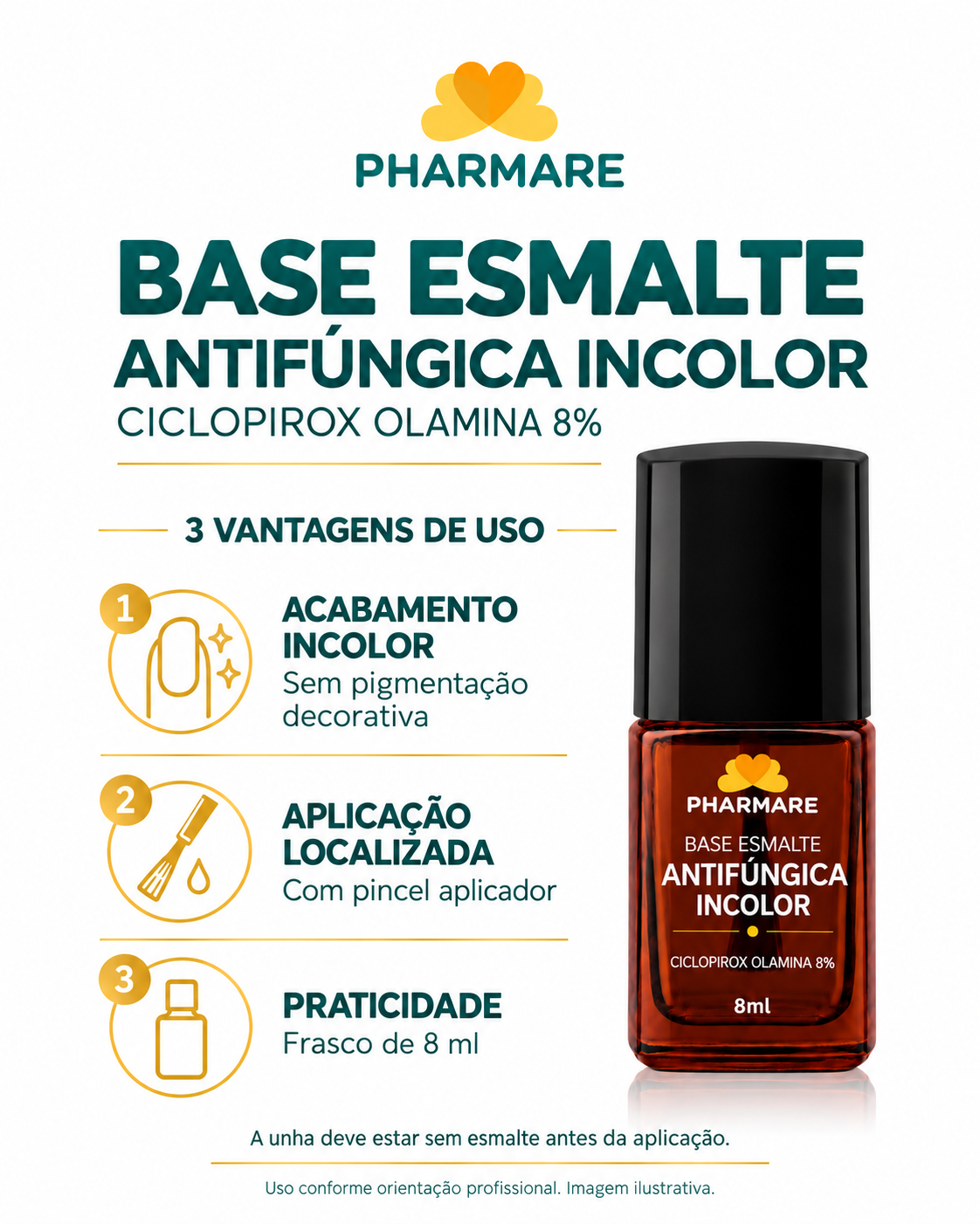 Base esmalte antifúngica incolor: acabamento incolor, aplicação localizada com pincel e praticidade do frasco de 8 ml. Aplicar em unha sem esmalte, conforme orientação profissional.