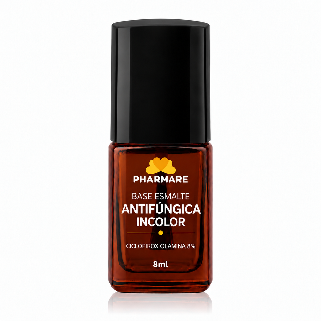 Base esmalte antifúngica incolor Pharmare, ciclopirox olamina 8%, 8 ml, com logo oficial e informações brancas diretamente no vidro âmbar.