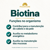 Biotina Pharmare: contribui para a manutenção do cabelo e da pele, auxilia no metabolismo energético e na manutenção das mucosas. Funções da biotina; use conforme orientação profissional.