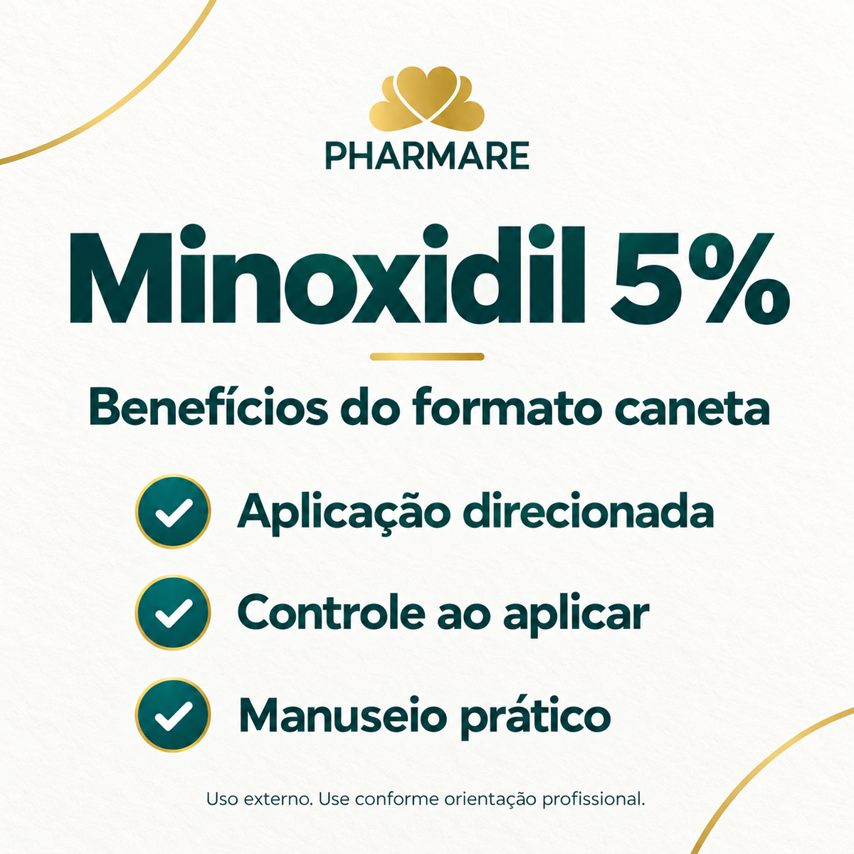 Minoxidil 5% Pharmare: benefícios práticos do formato caneta, com aplicação direcionada, controle ao aplicar e manuseio prático. Uso externo; use conforme orientação profissional.