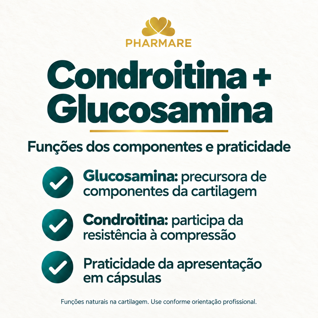 Condroitina e Glucosamina Pharmare: funções naturais dos componentes na cartilagem e praticidade da apresentação em cápsulas. Não contém promessa de regeneração ou alívio de dor.