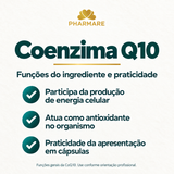 Coenzima Q10 Pharmare: funções gerais de participação na produção de energia celular e ação antioxidante, com a praticidade da apresentação em cápsulas. Use conforme orientação profissional.