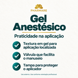 Gel Anestésico Pharmare: textura em gel para aplicação localizada, válvula de manuseio prático e tampa que protege o aplicador. Uso externo com orientação profissional, sem promessas médicas ou sexuais.
