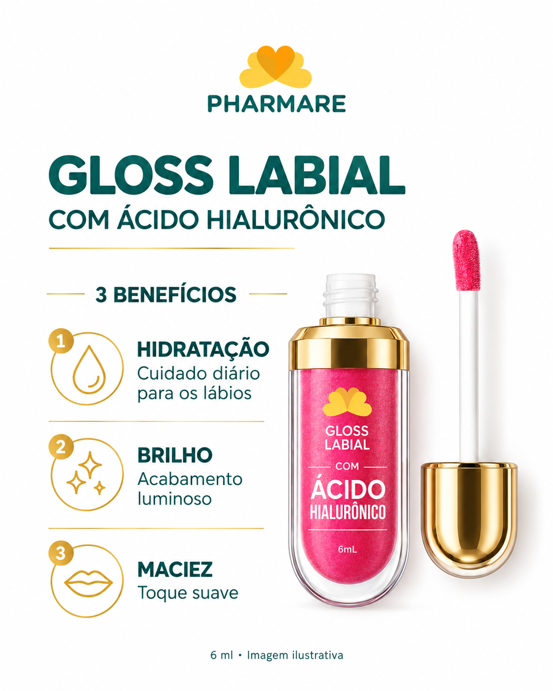 Gloss labial rosa com ácido hialurônico, 6 ml: hidratação, brilho e maciez. Embalagem original com rótulo transparente.