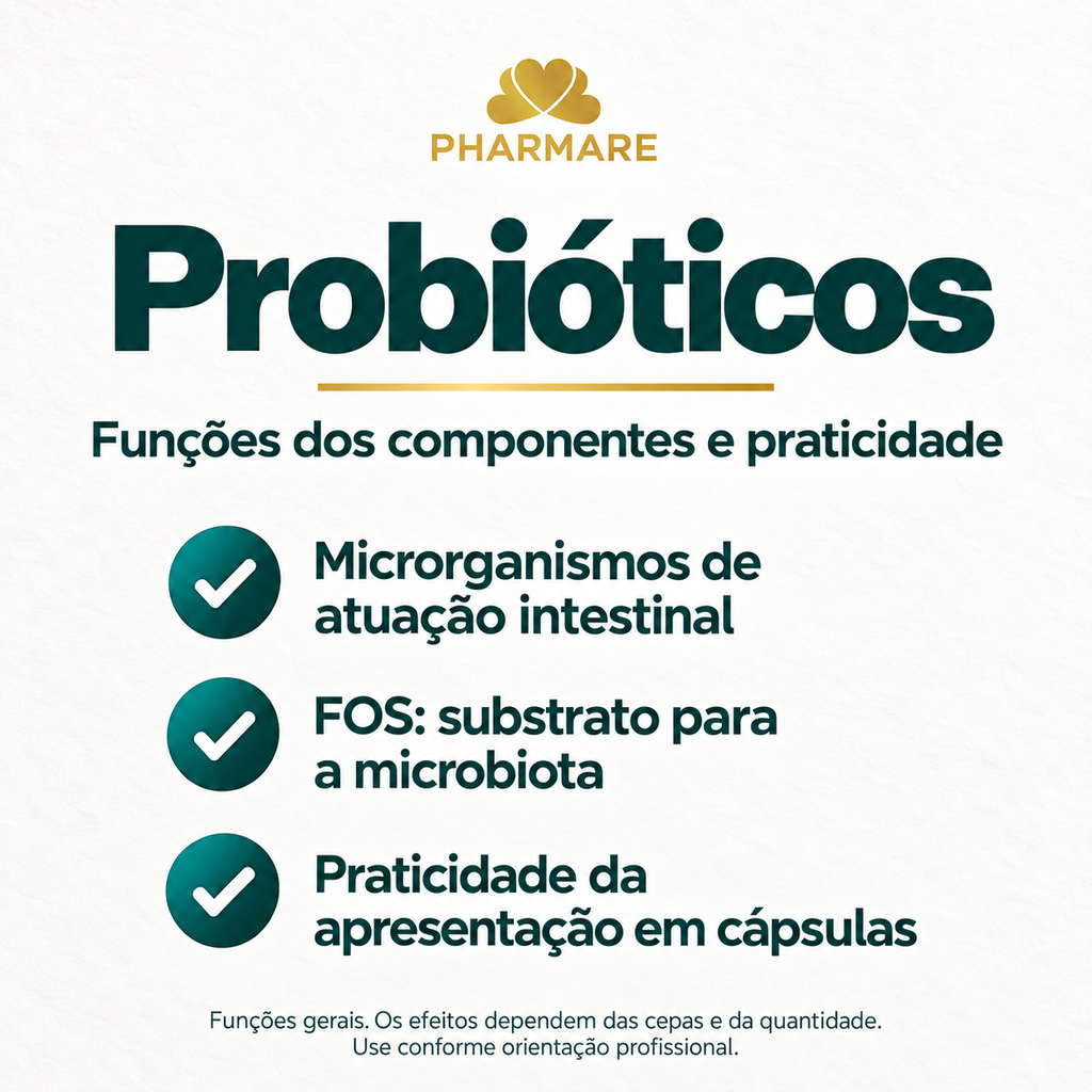 Probióticos Pharmare: funções gerais dos microrganismos no intestino, FOS como substrato da microbiota e praticidade em cápsulas. Efeitos dependem das cepas e quantidades; sem promessa de resultado clínico.