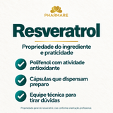 Resveratrol Pharmare: propriedade antioxidante do ingrediente, cápsulas que dispensam preparo e equipe técnica para dúvidas. Sem promessa de efeito clínico.