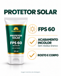 Protetor Solar FPS 60 Incolor: acabamento incolor sem resíduo branco e uso no rosto e corpo. Arte em formato retrato, com embalagem ilustrativa.