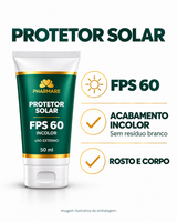 Protetor Solar FPS 60 Incolor: acabamento incolor sem resíduo branco e uso no rosto e corpo. Arte em formato retrato, com embalagem ilustrativa.