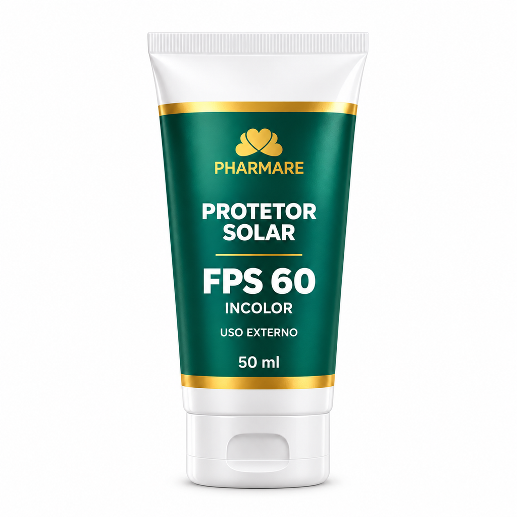 Protetor Solar Pharmare FPS 60 Incolor, 50 ml, em embalagem verde e dourada sobre fundo branco. Uso no rosto e corpo. Imagem ilustrativa da embalagem.