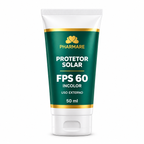 Protetor Solar Pharmare FPS 60 Incolor, 50 ml, em embalagem verde e dourada sobre fundo branco. Uso no rosto e corpo. Imagem ilustrativa da embalagem.