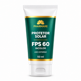 Protetor Solar Pharmare FPS 60 Incolor, 50 ml, em embalagem verde e dourada sobre fundo branco. Uso no rosto e corpo. Imagem ilustrativa da embalagem.