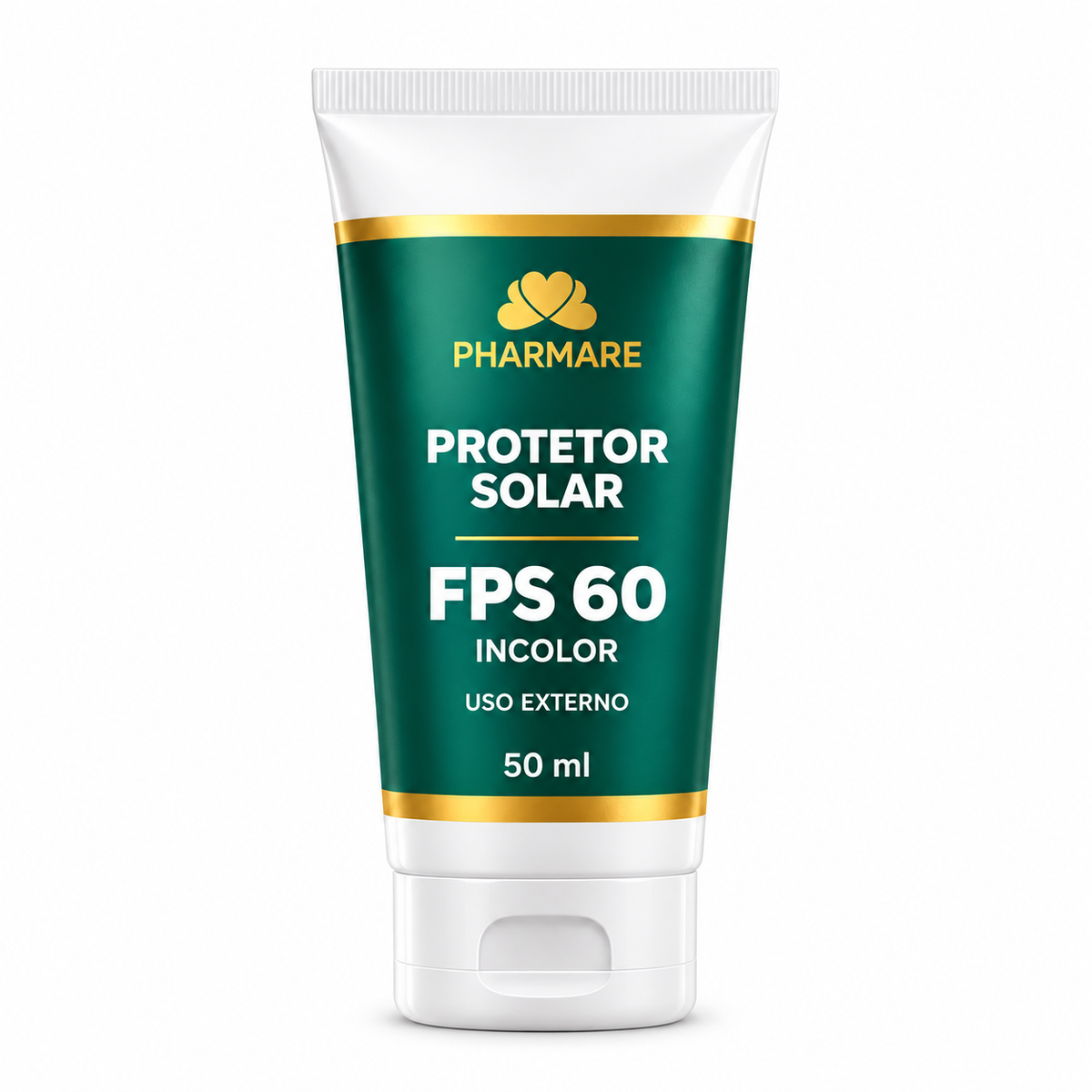 Protetor Solar Pharmare FPS 60 Incolor, 50 ml, em embalagem verde e dourada sobre fundo branco. Uso no rosto e corpo. Imagem ilustrativa da embalagem.